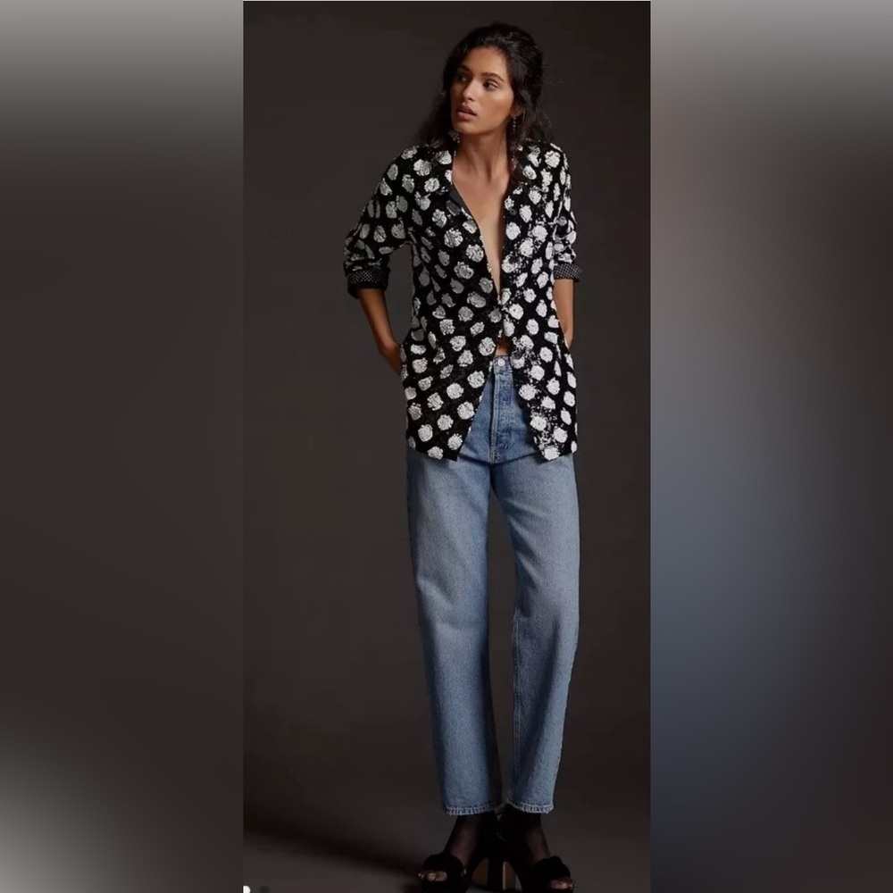 Anthropologie Maeve S Sequined Shirt Jacket Black White Polka Dot